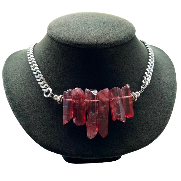 Red aura crystal quartz on stainless steel chain boho goth choker necklace - Picture 10 of 13